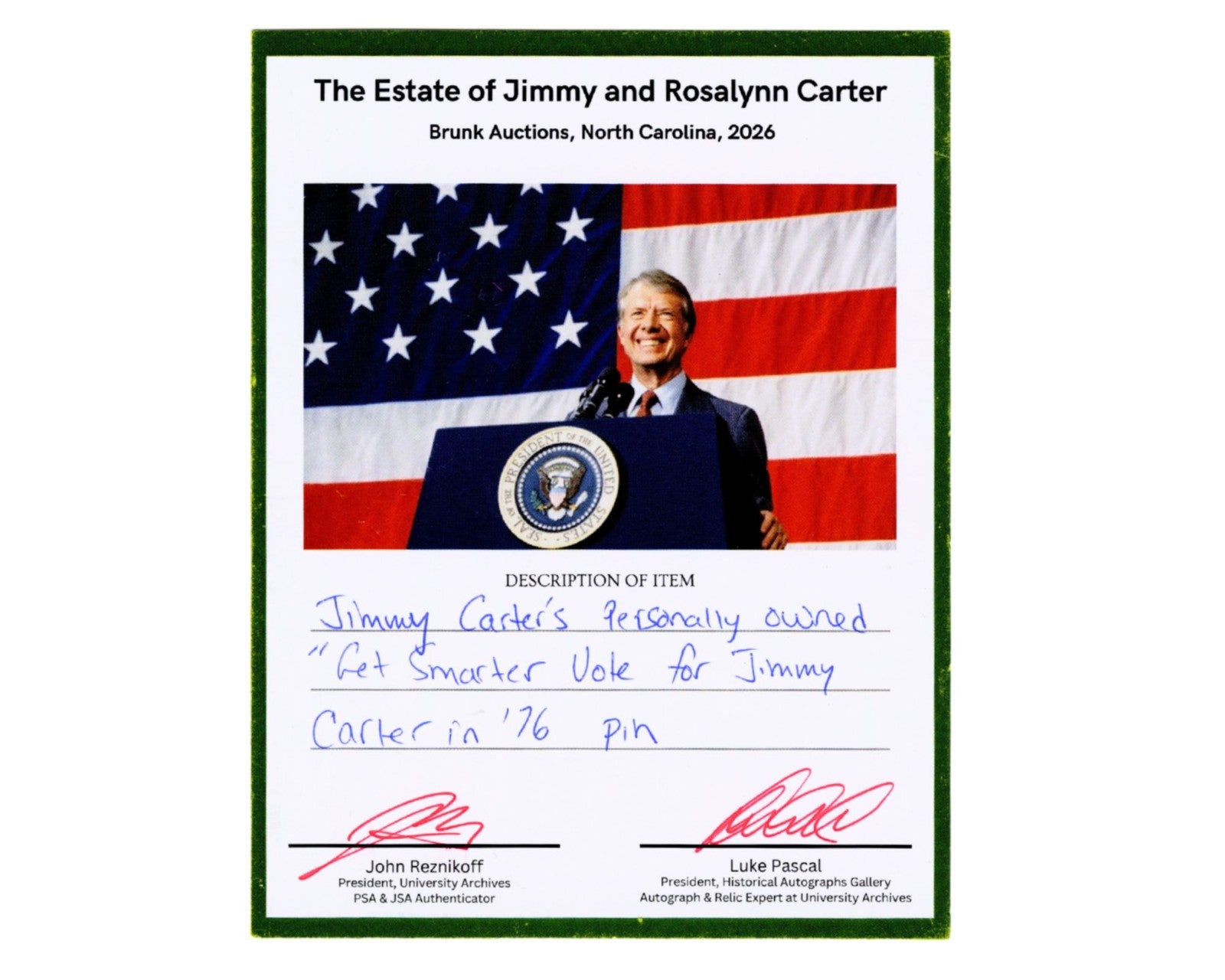 President Jimmy Carter Personally Owned Campaign Pin Ex. Carter Estate