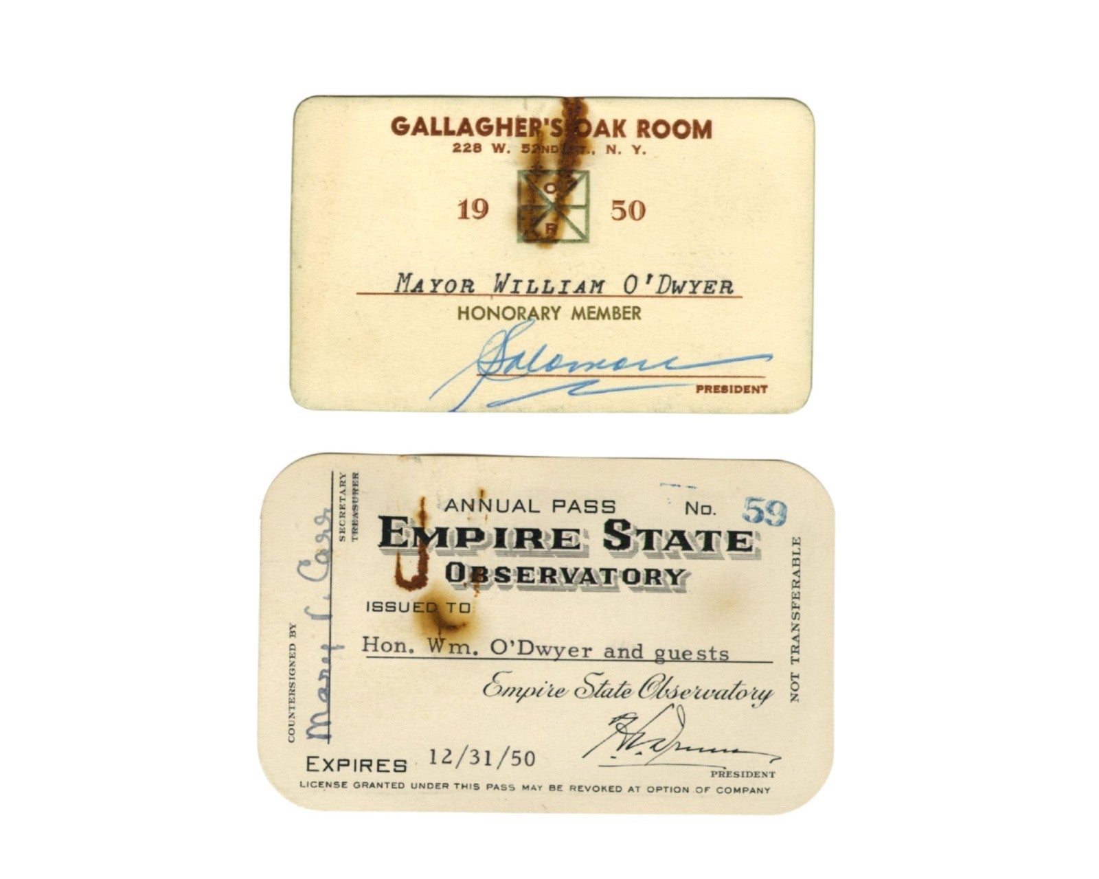 Rare Empire State Building Annual Pass - Belonged to NYC Mayor William O'Dwyer