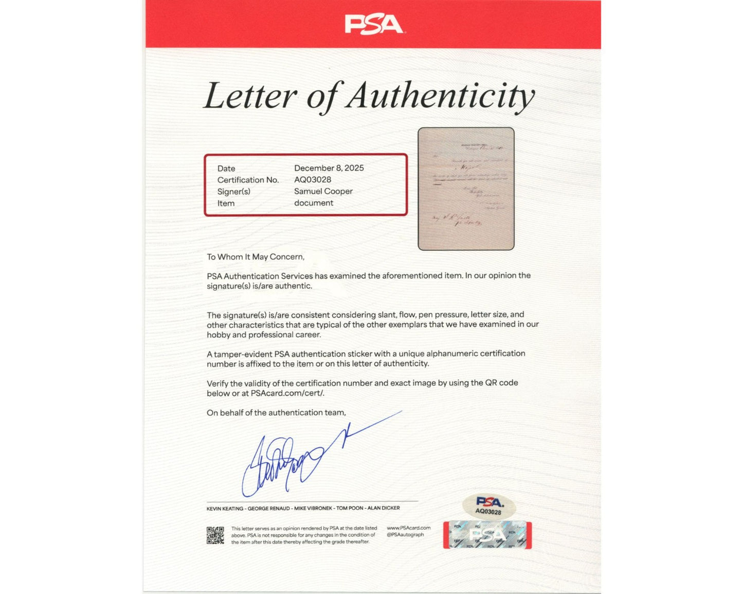 Civil War Key Confederate Adj. General Samuel Cooper Promotes Soldier PSA Auto