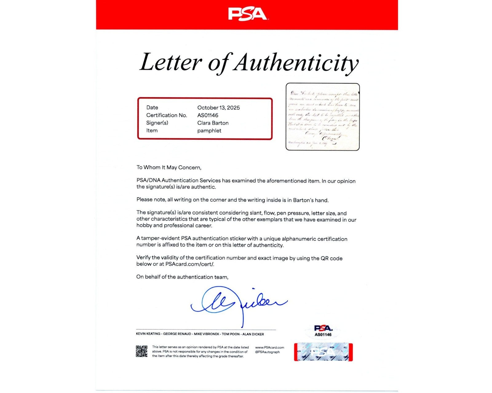 Clara Barton Gifts Red Cross Memento in Signed Note to Family Confidant PSA Auto