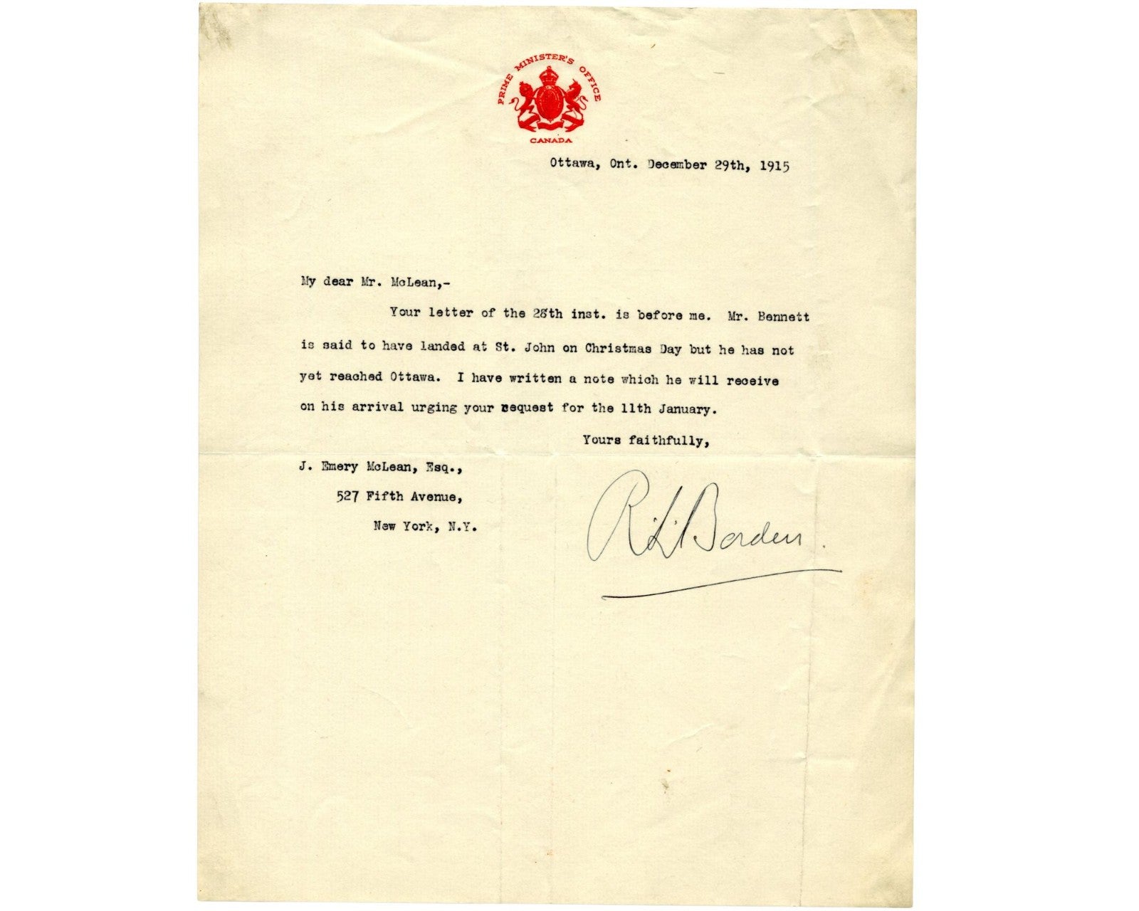 Canada Prime Minister ROBERT BORDEN Signed Letter on Future PM Bennett’s Arrival