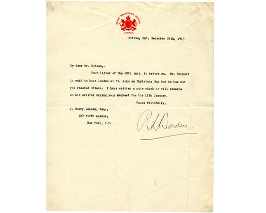 Canada Prime Minister ROBERT BORDEN Signed Letter on Future PM Bennett’s Arrival