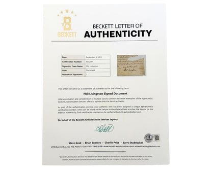 Declaration of Independence Signer Philip Livingstone Bold Signed Document BAS