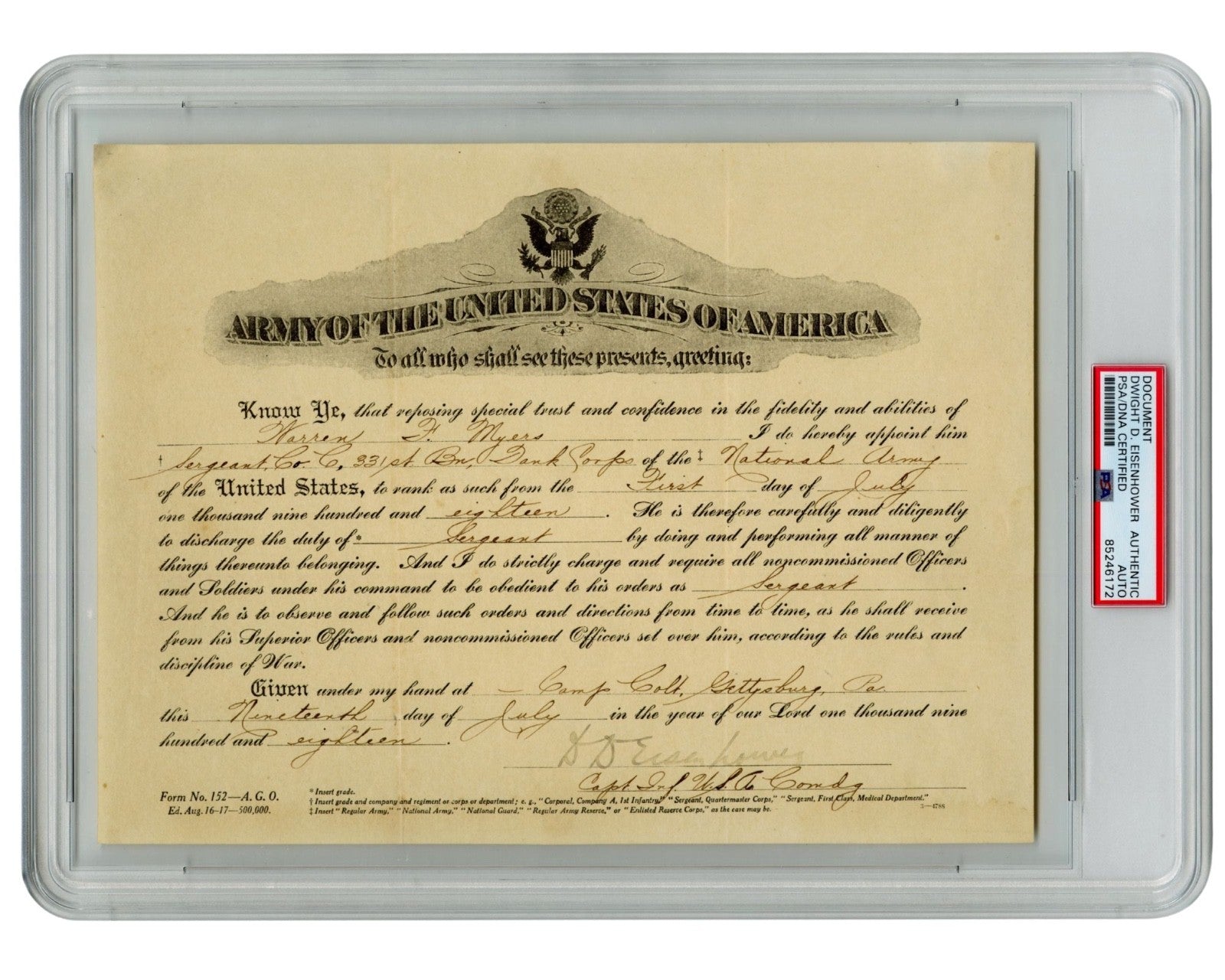 WWI Dated President Dwight D. Eisenhower Signed Army Appointment - One of a Kind