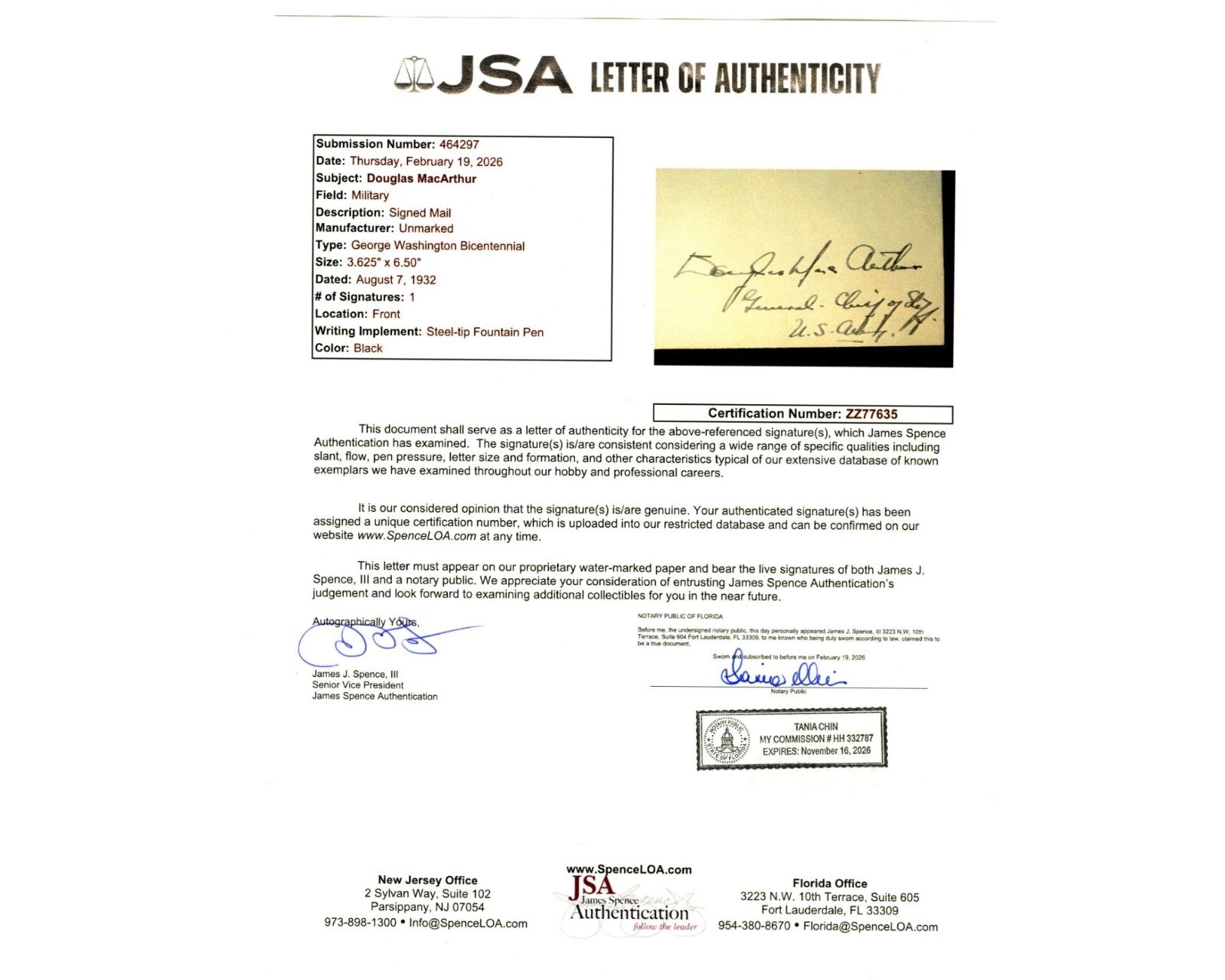 General Douglas MacArthur Signed "George Washington Bicentennial" Cover JSA Auto