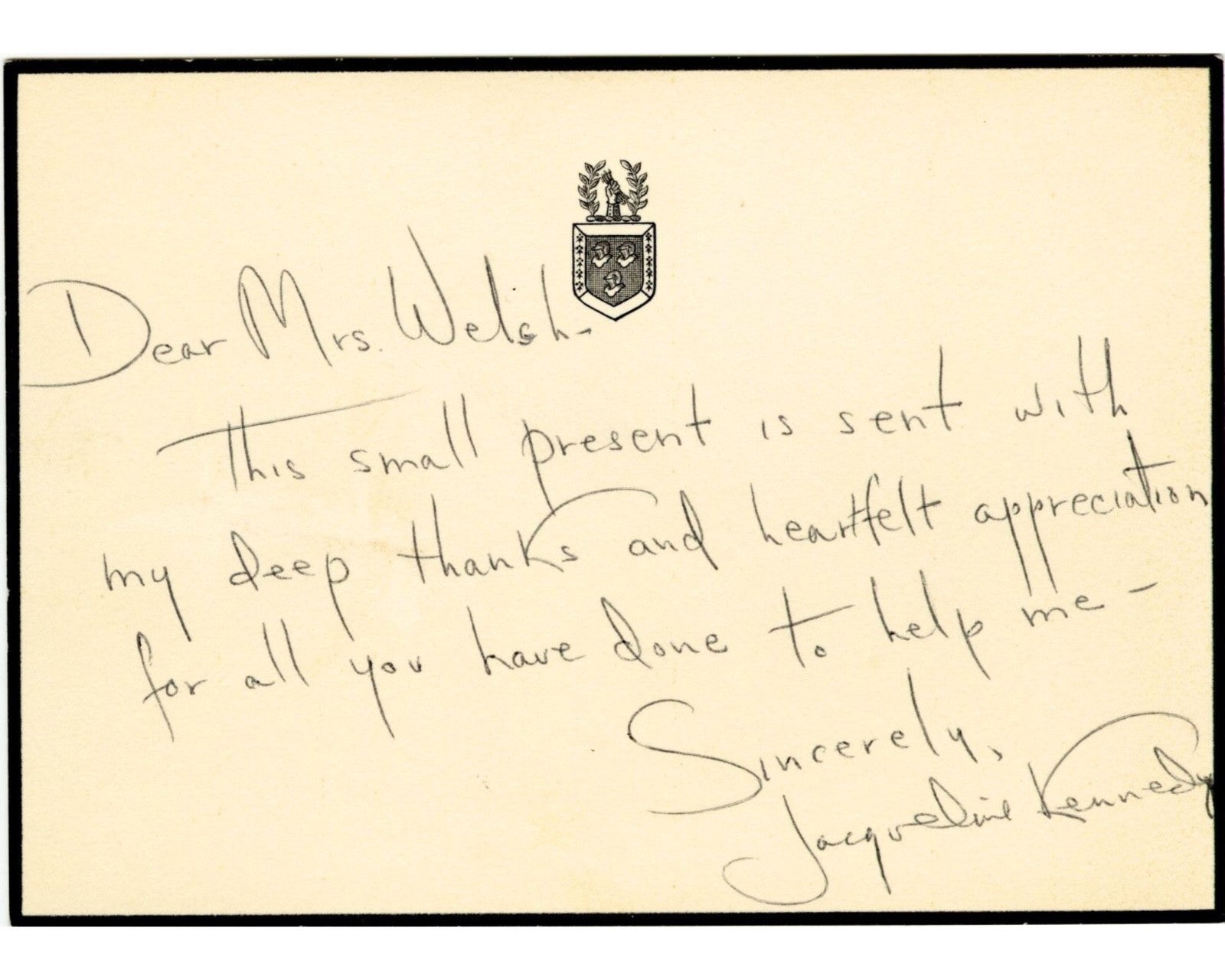 Jacqueline Kennedy Sends Gift Commemorating Patrick Kennedy with/ Signed Note!