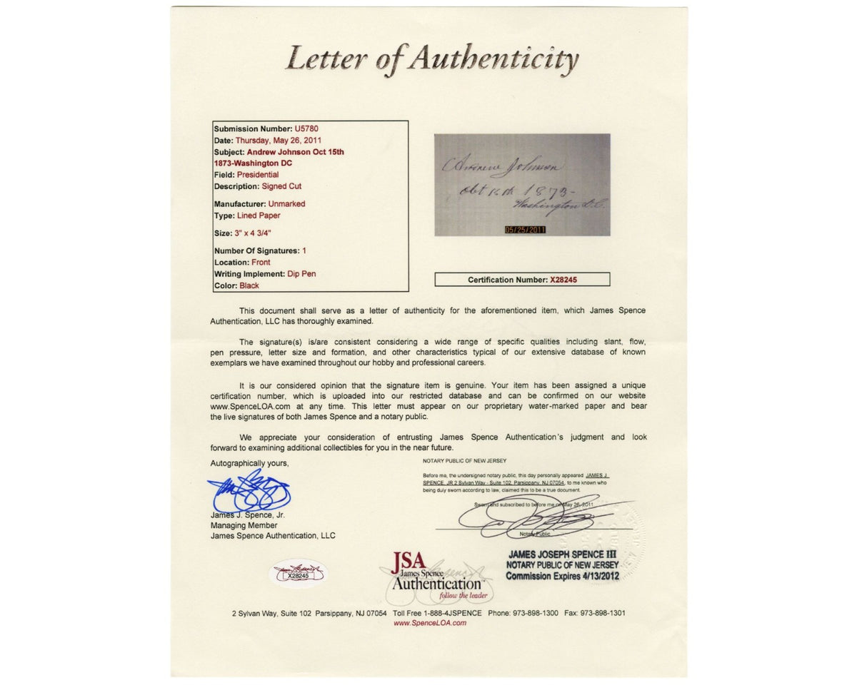 President Andrew Johnson Signature, Gorgeous Example! JSA Auto