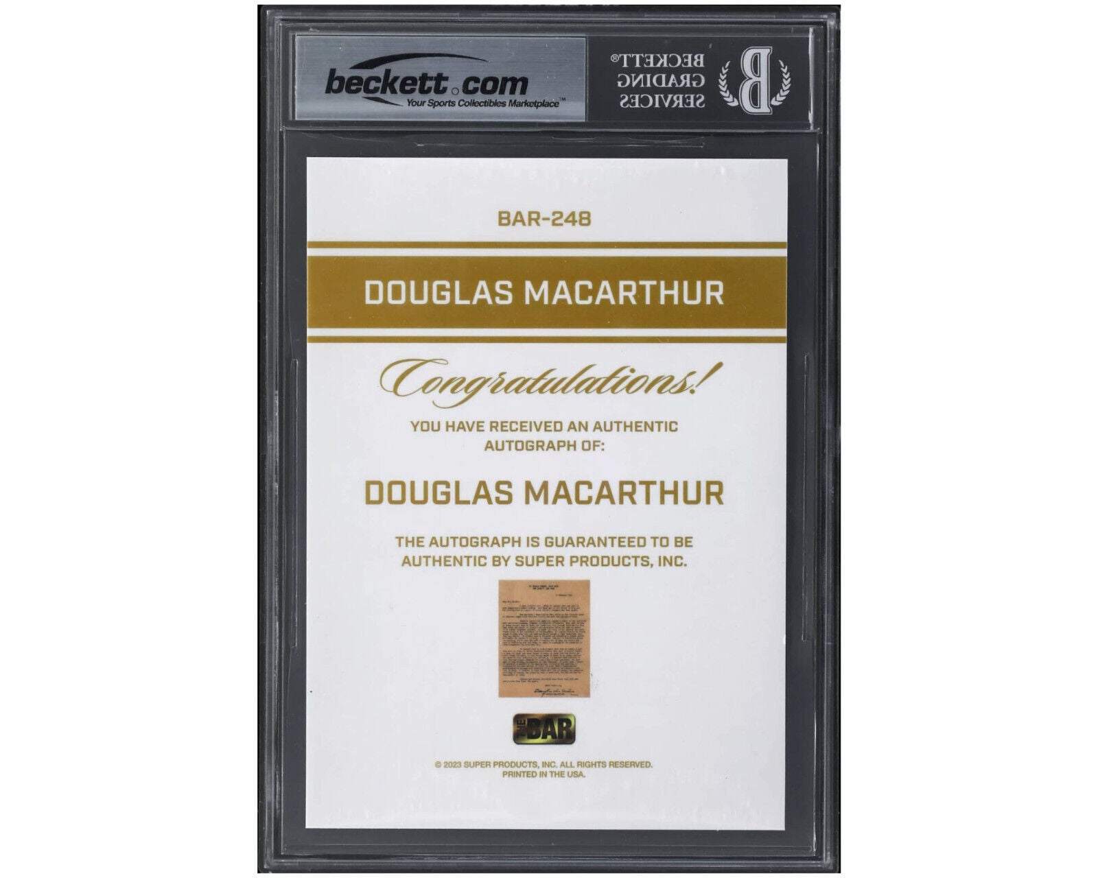 2023 The Bar Cut Autographs 5x7 Silver Bar & Douglas MacArthur Signature BGS  9