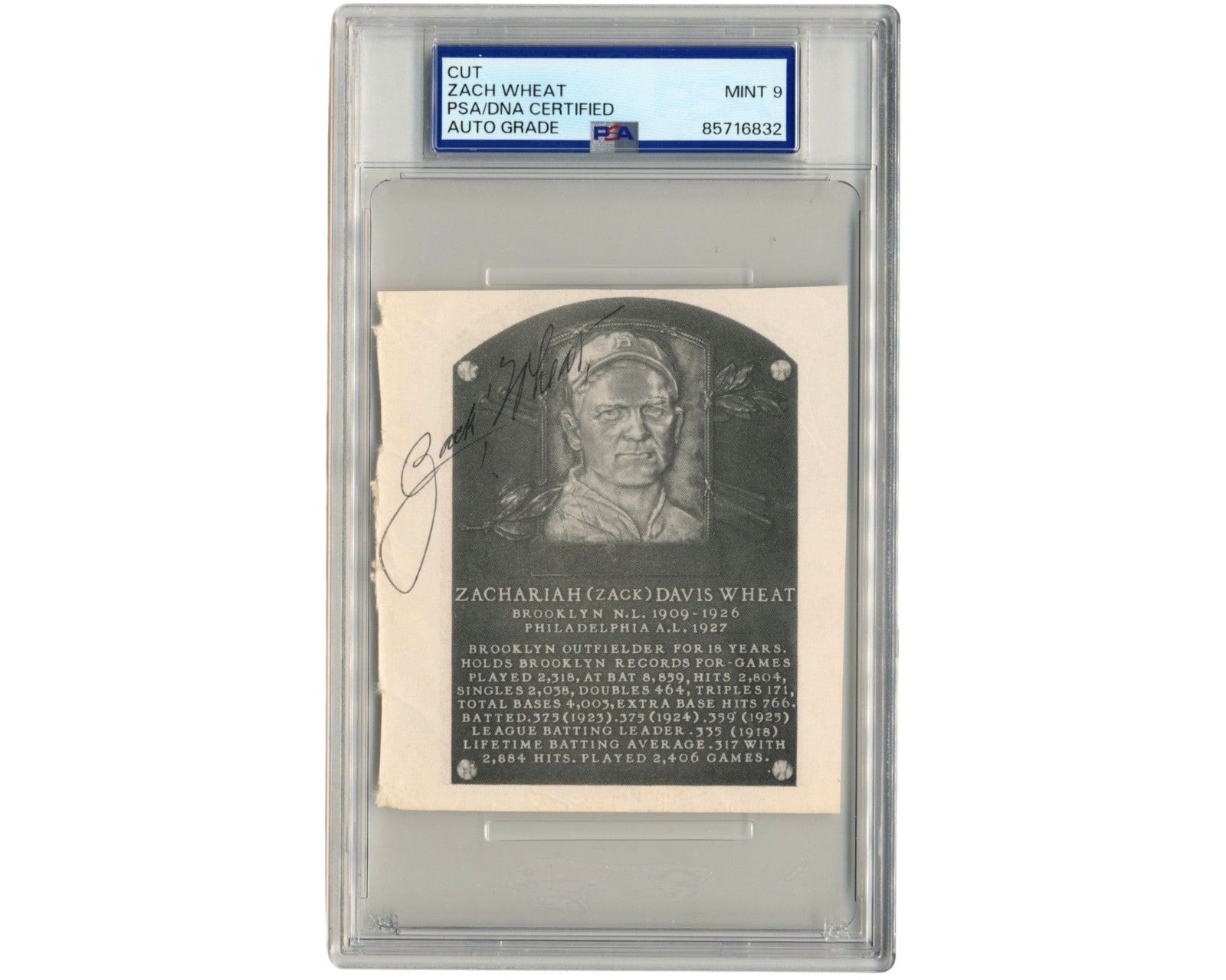 Brooklyn Dodgers' Zach Wheat Signed HOF Plaque Cut PSA Mint 9 Auto