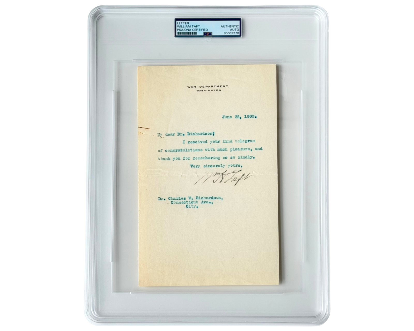 William Taft Signed Letter Thanking Supporter After Securing GOP Nomination PSA