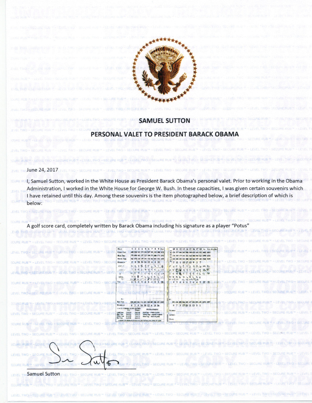 President BARACK OBAMA Golf Scorecard Signed "Potus" - Ex Sam Sutton (Valet)