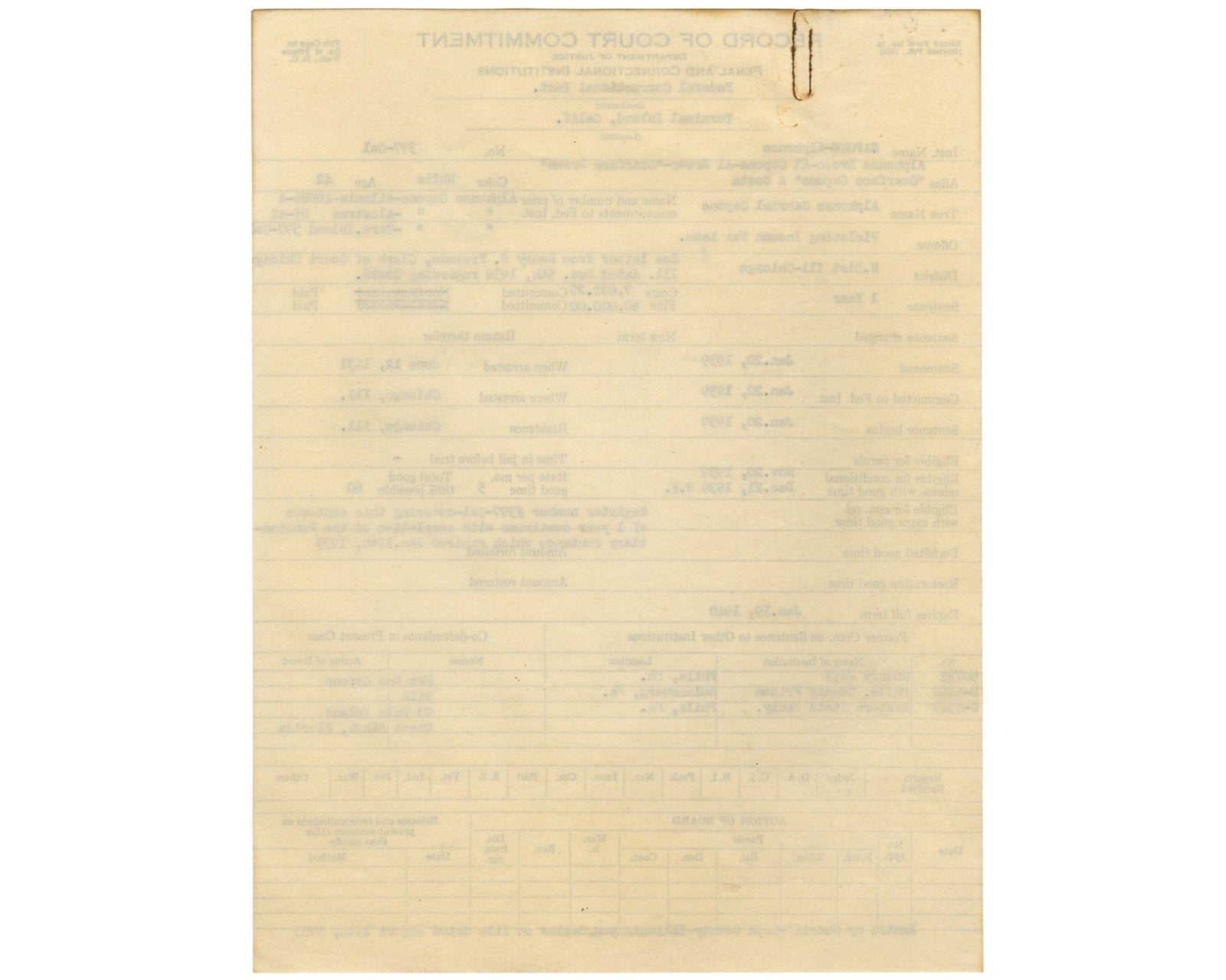 Al Capone's DOJ Transfer Doc. From Alcatraz To Terminal Island Prison