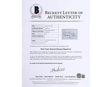 Gorgeous SAMUEL CLEMENS aka MARK TWAIN Signed & Framed Display BAS Auto