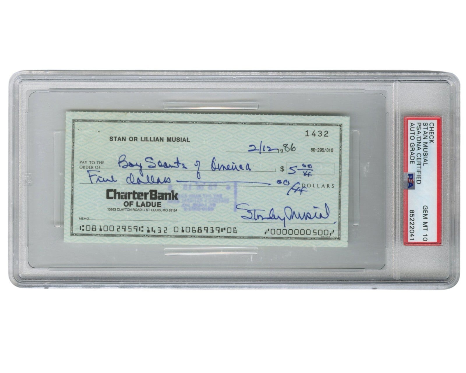Stan Musial Signed Check to Boy Scouts! PSA Gem Mint 10