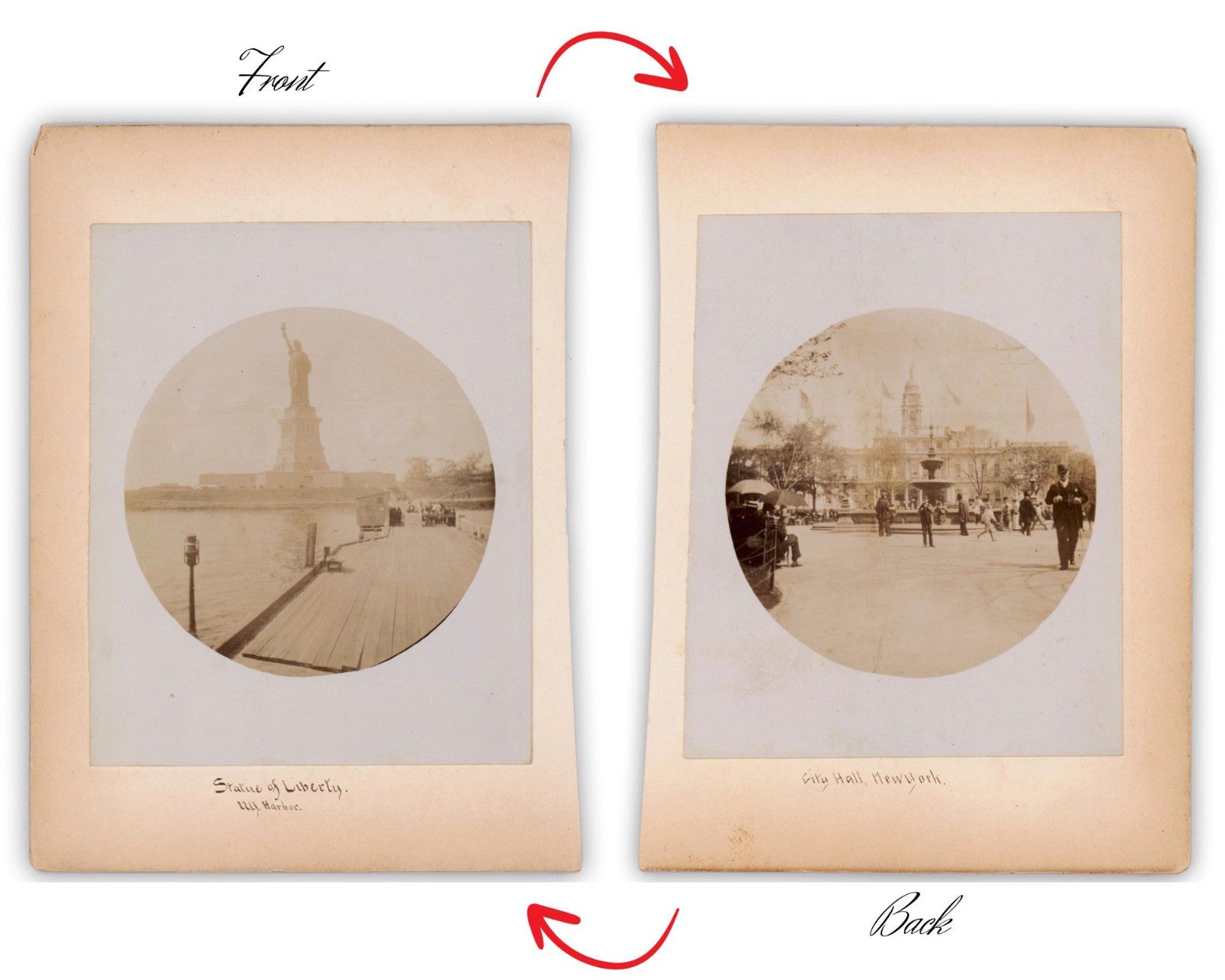 Fantastic Statue of Liberty and New York City Hall Mounted Albumen Photograph