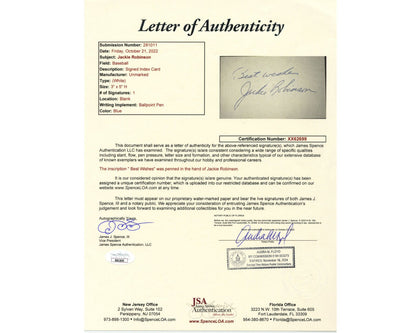 Gorgeous Jackie Robinson Signed Index Card - Large Example! JSA Authentic Auto