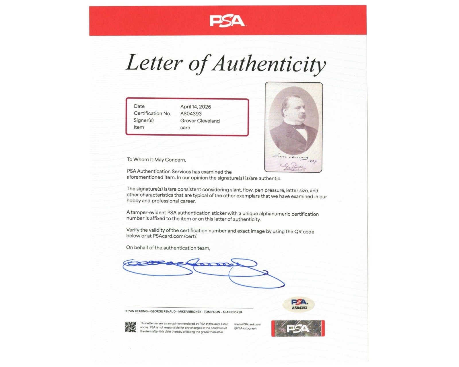 President Grover Cleveland Signed & Dated Cabinet Card PSA Auto - Gorgeous!