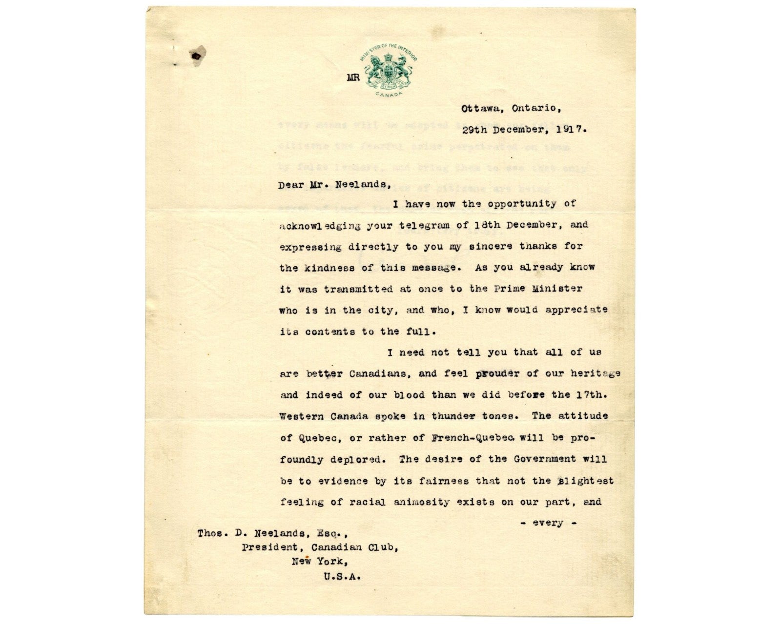 Canada P.M. ARTHUR MEIGHEN Signed Letter "Better Canadians...racial animosity"