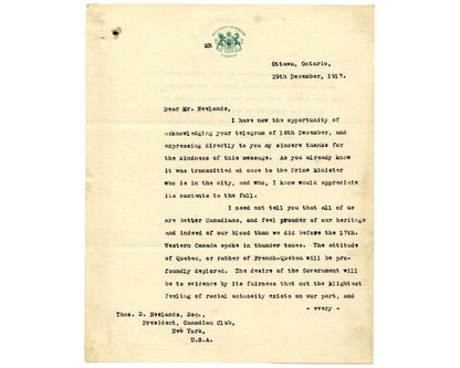 Canada P.M. ARTHUR MEIGHEN Signed Letter "Better Canadians...racial animosity"