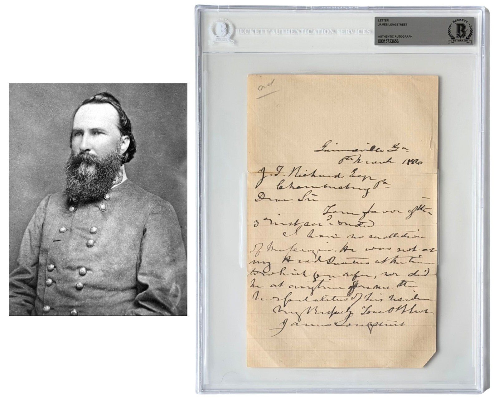 Rare Civil War Confederate General James Longstreet Signed Letter (ALS) BAS Auto