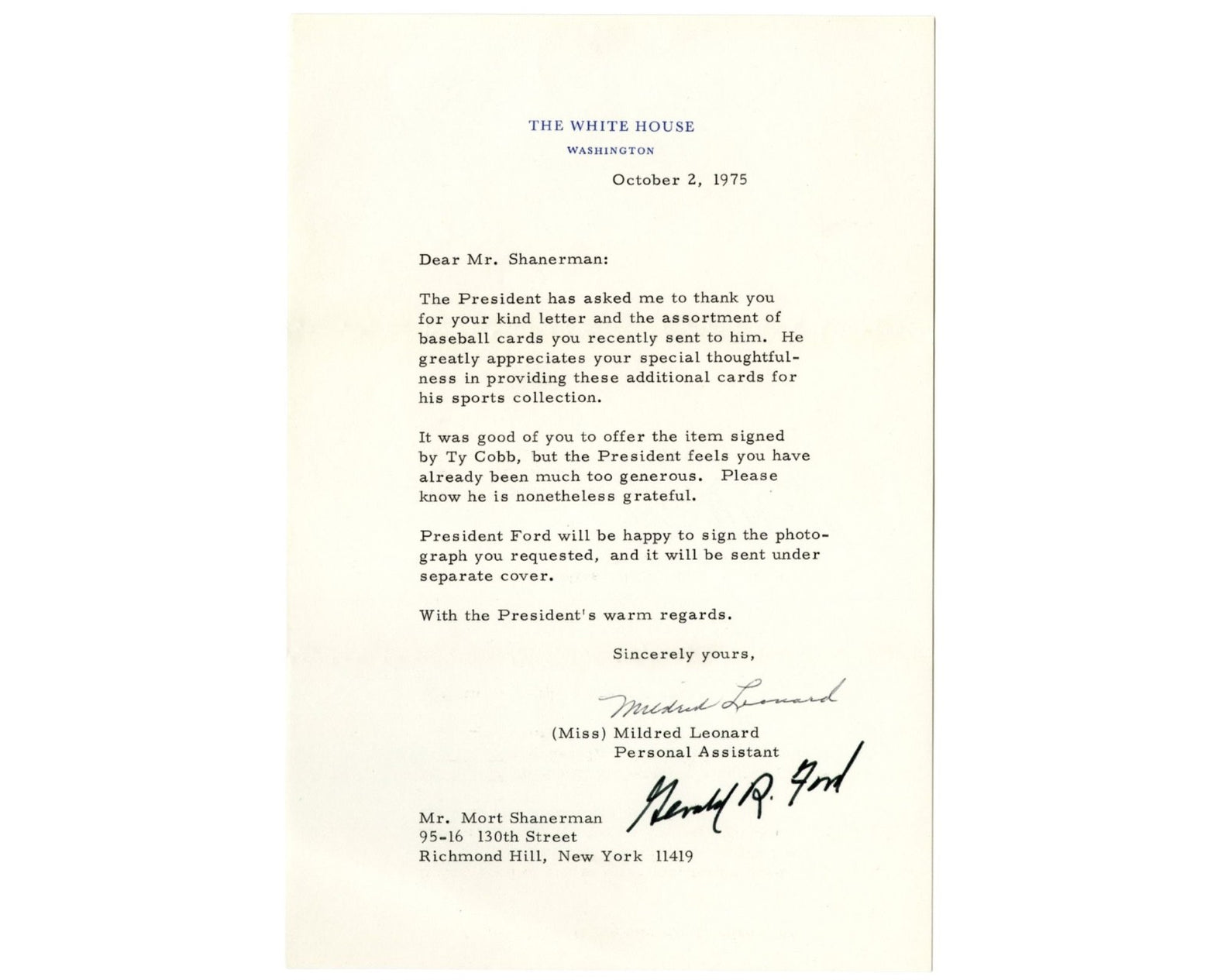 President Gerald Ford Signed W.H. Letter on Baseball Cards & Ty Cobb Auto! PSA