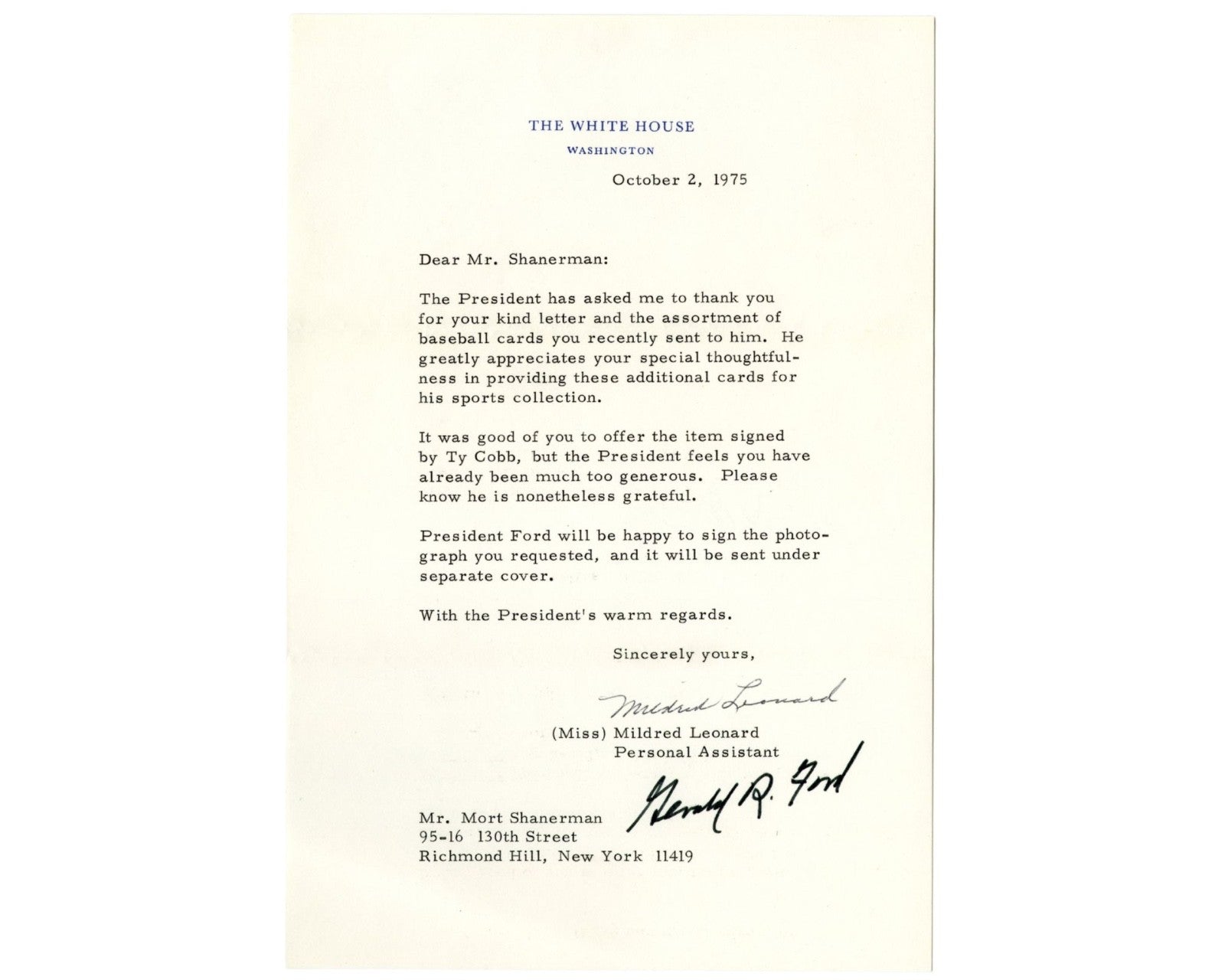 President Gerald Ford Signed W.H. Letter on Baseball Cards & Ty Cobb Auto! PSA