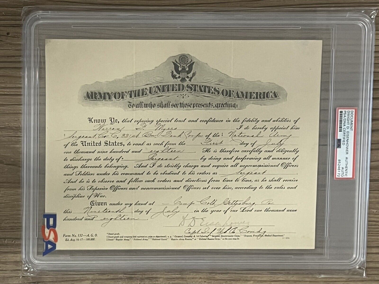 WWI Dated President Dwight D. Eisenhower Signed Army Appointment - One of a Kind