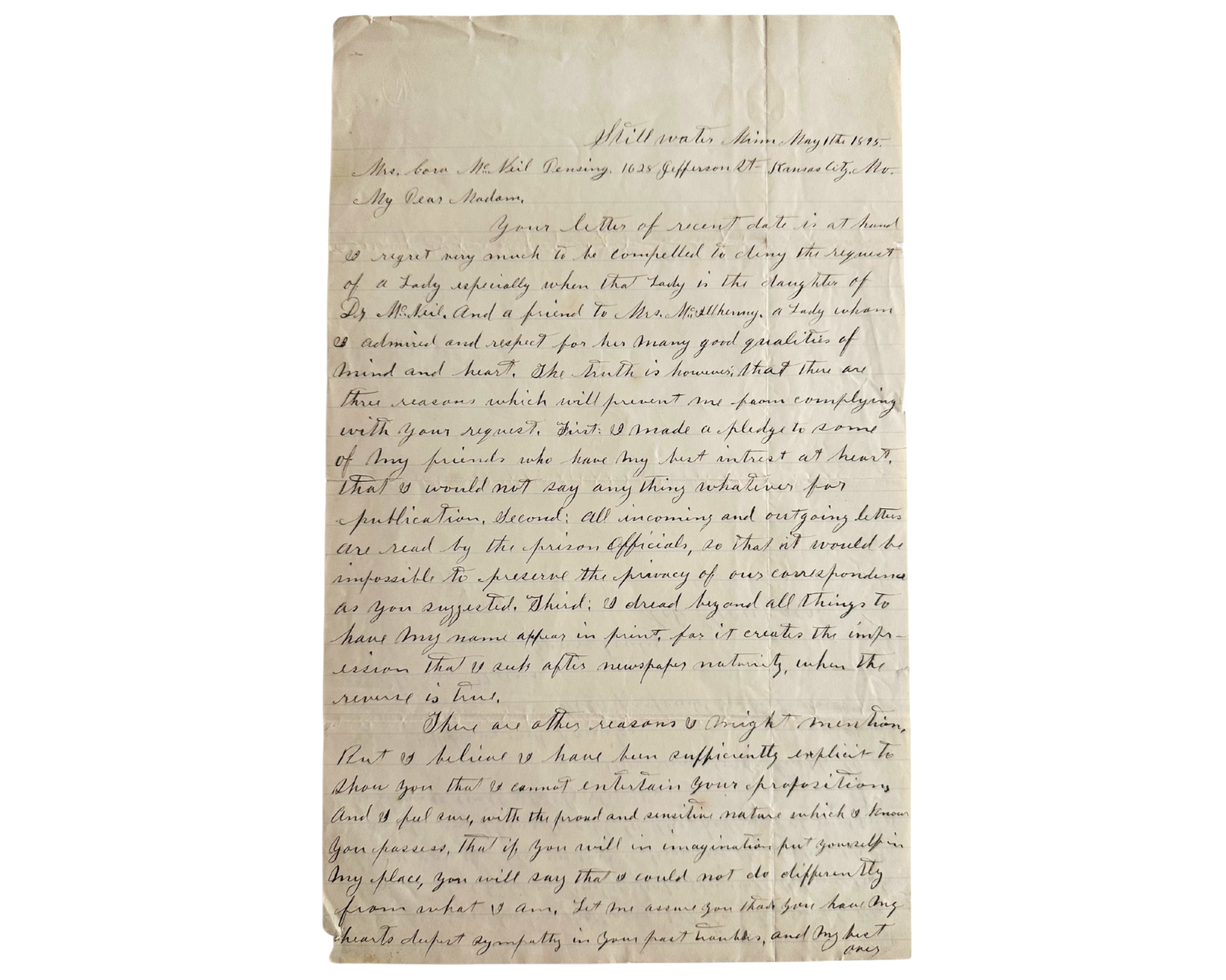 Outlaw COLE YOUNGER Rare Signed Letter from Prison!