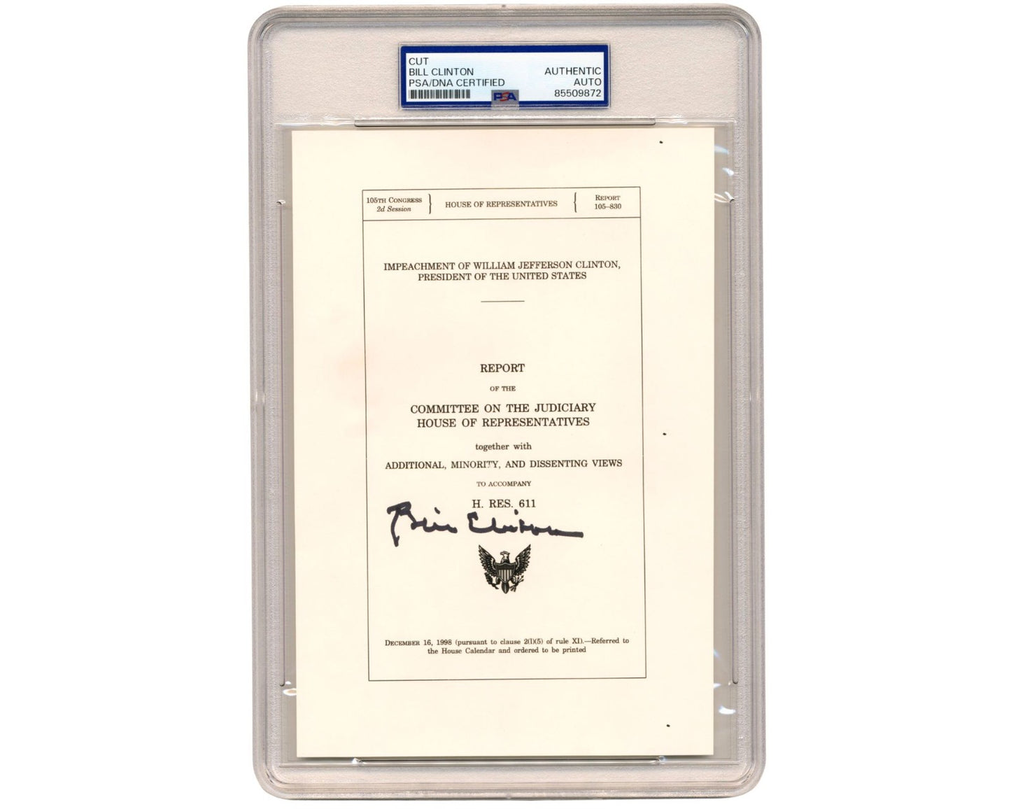 President Bill Clinton Signed Souvenir Typescript of Impeachment Report PSA Auto
