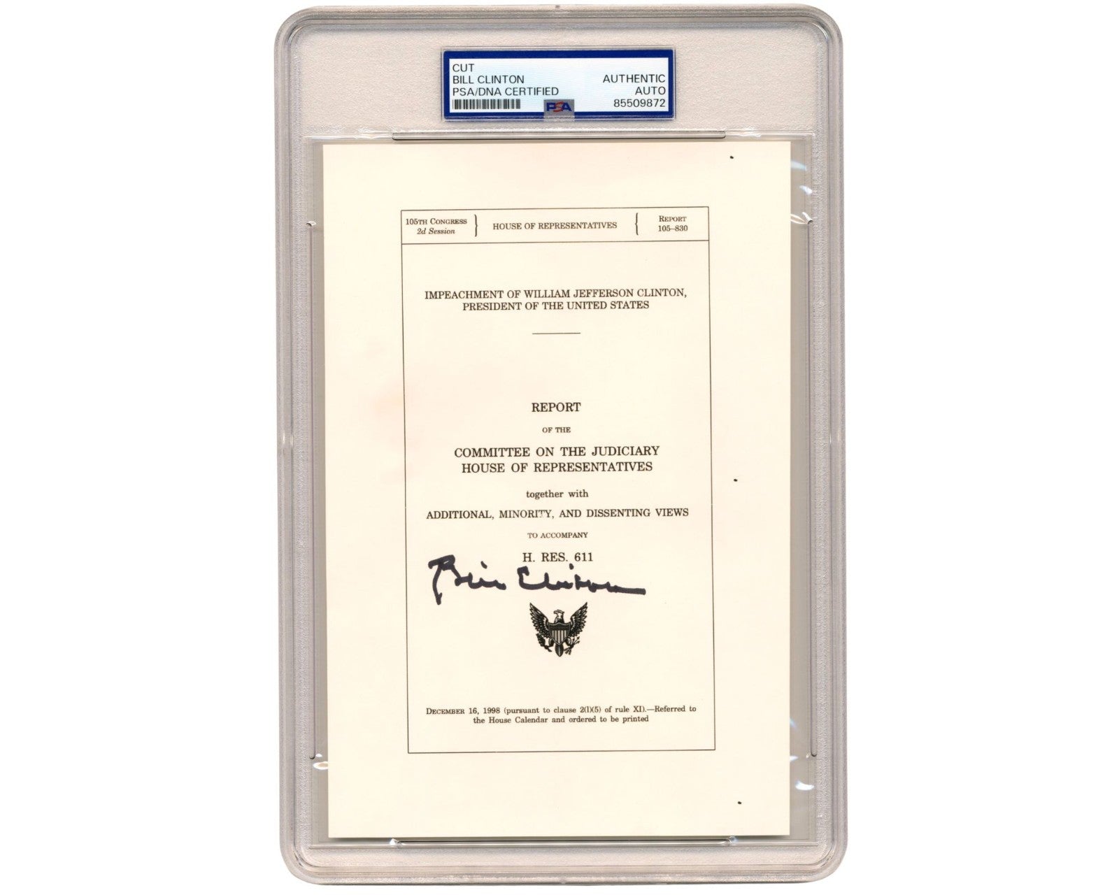 President Bill Clinton Signed Souvenir Typescript of Impeachment Report PSA Auto