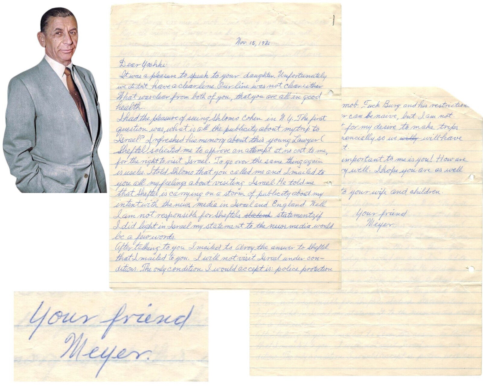 Meyer Lansky Signed Letter "Police Protection From Crim. Mob. F* Burg" PSA Mob!