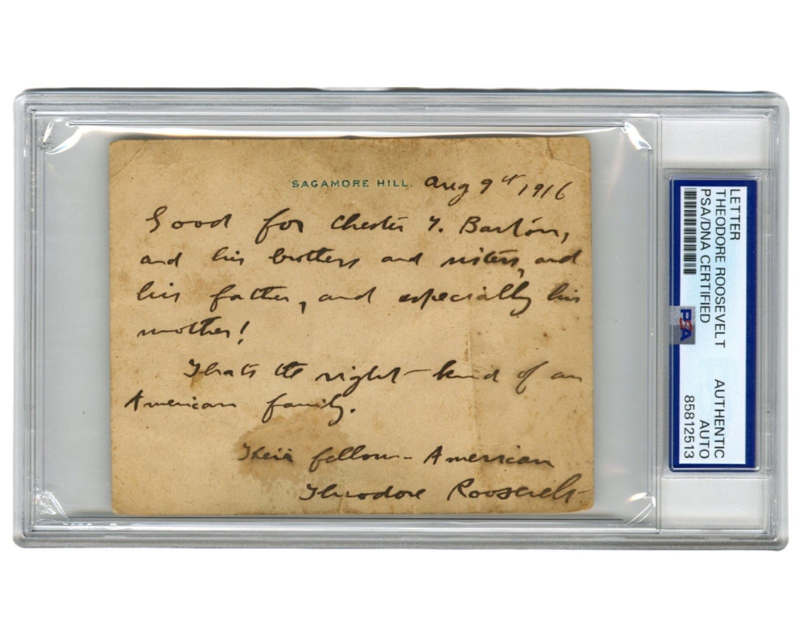 President Theodore Roosevelt "Their Fellow American" Signed Note! PSA Auto