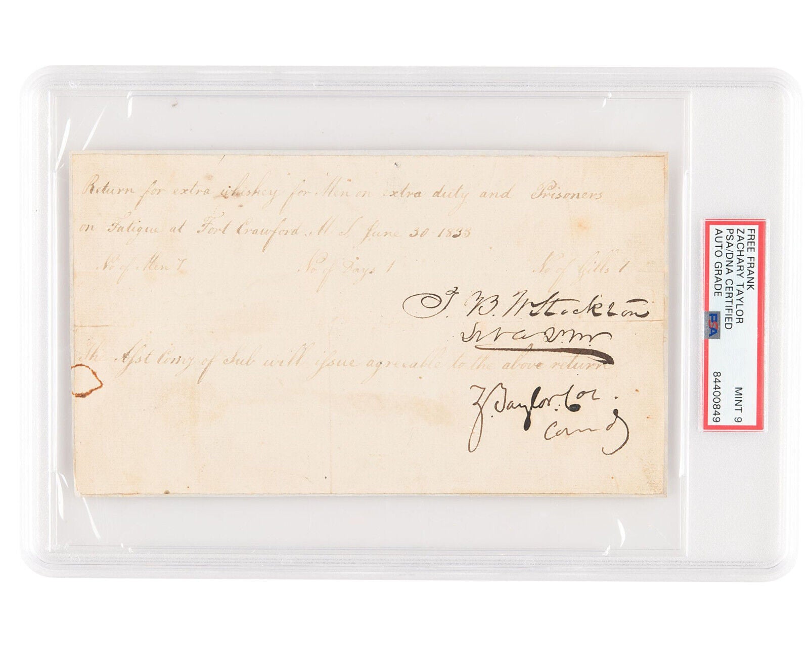 President Zachary Taylor Signed Doc for Black Hawk War Whiskey Rations PSA 9