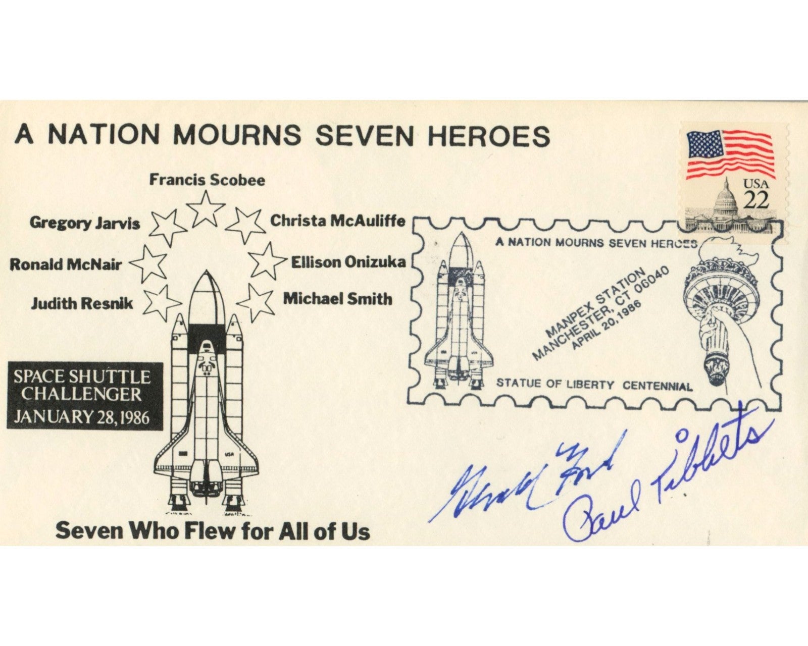 President Gerald Ford & Paul Tibbets Signed Challenger Rememberance Cover PSA