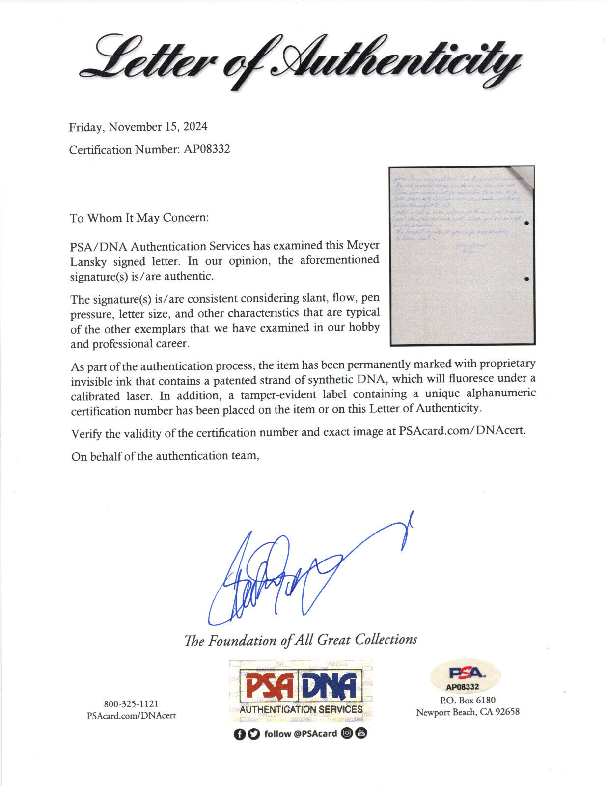 Meyer Lansky Signed Letter "Police Protection From Crim. Mob. F* Burg" PSA Mob!