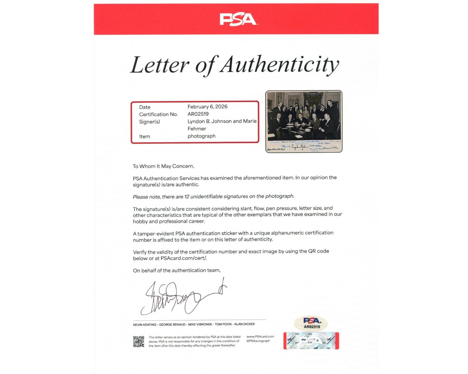 Lyndon Johnson, Maxwell Hunter & 12 More National Space Council Team Signed PSA