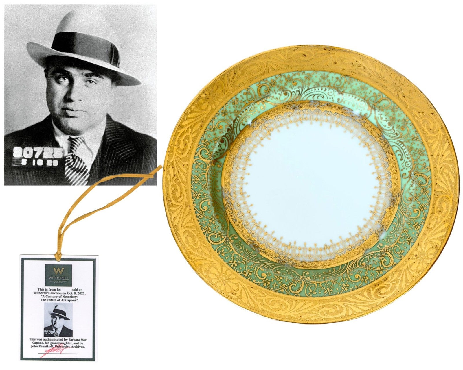 Al Capone's Gorgeous Gilt & Turquoise Porcelain Plate Ex. Capone Estate