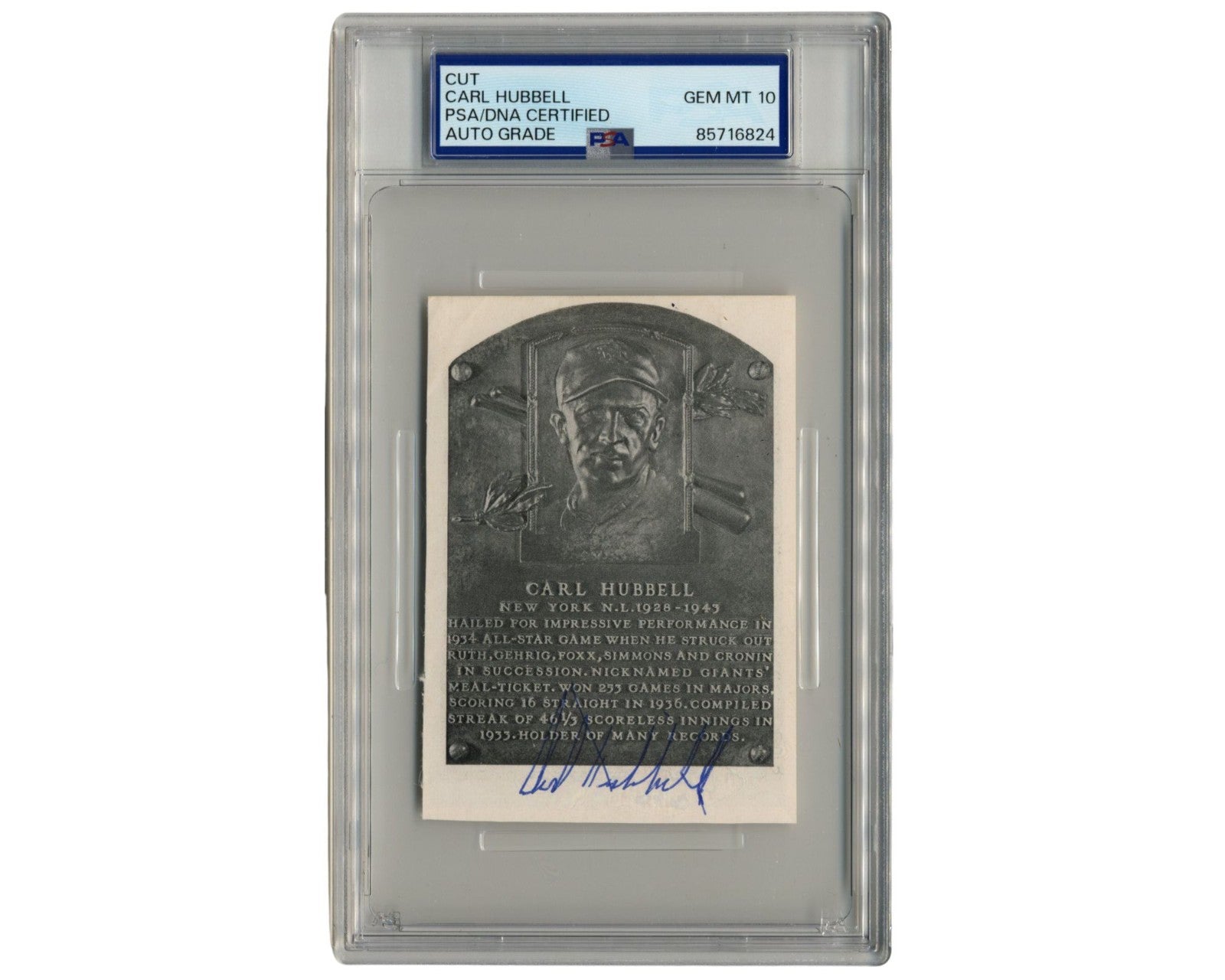 Carl Hubbell Hall of Fame Plaque Cut Signature PSA Gem Mint 10 Auto