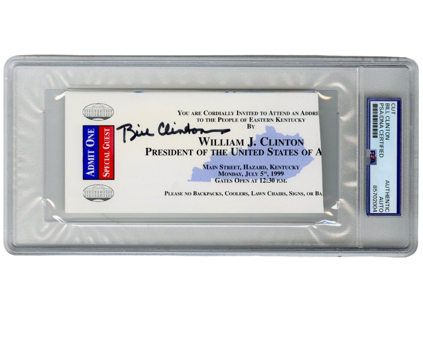 President Bill Clinton Signed Address Ticket to People of Kentucky! PSA Auto