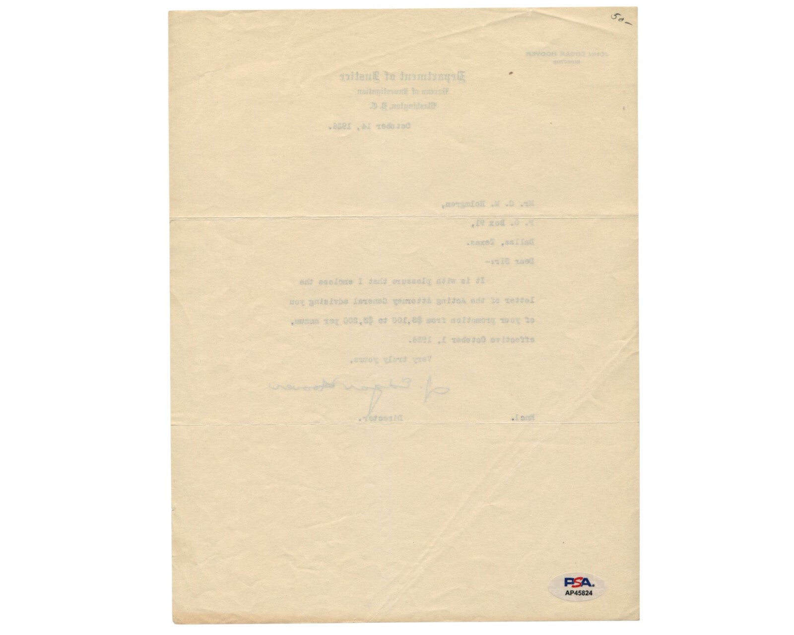 FBI Dir. J. Edgar Hoover Signed Letter Promoting FBI Agent! Early Example! PSA