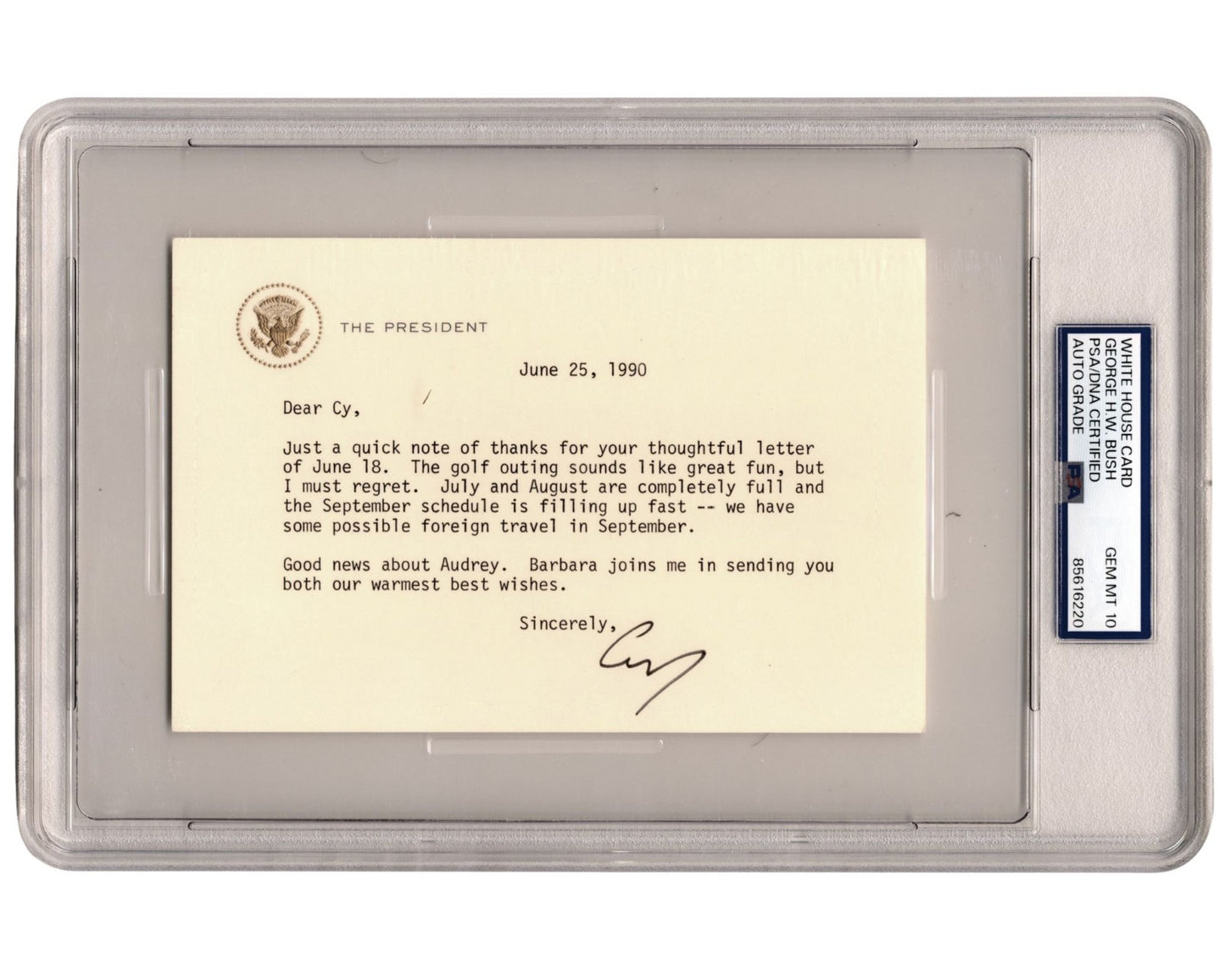 President George H. W. Bush Signed "The President" W.H. Card PSA Gem Mint 10
