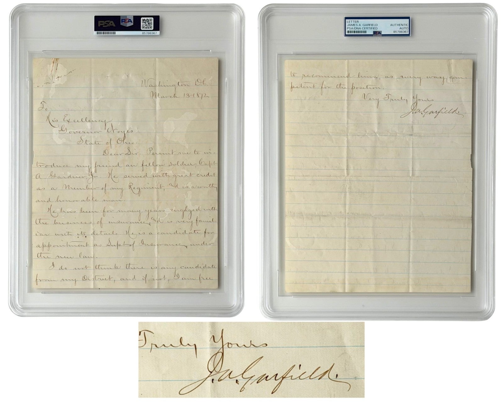 President James Garfield Signed Letter To Ohio Gov RE: Civil War Friend PSA Auto