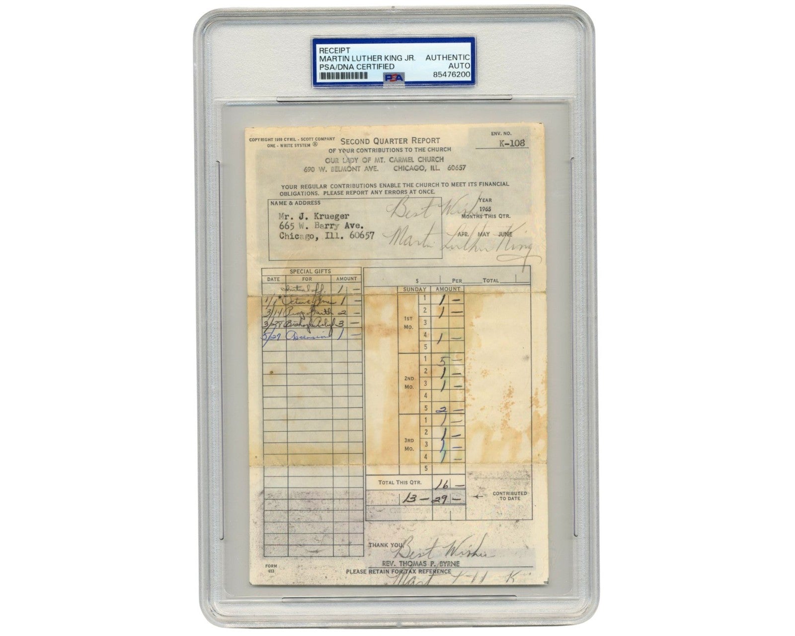 Martin Luther King Jr Signed Church Donation Receipt w/ Carbon Copy Dup PSA Auto