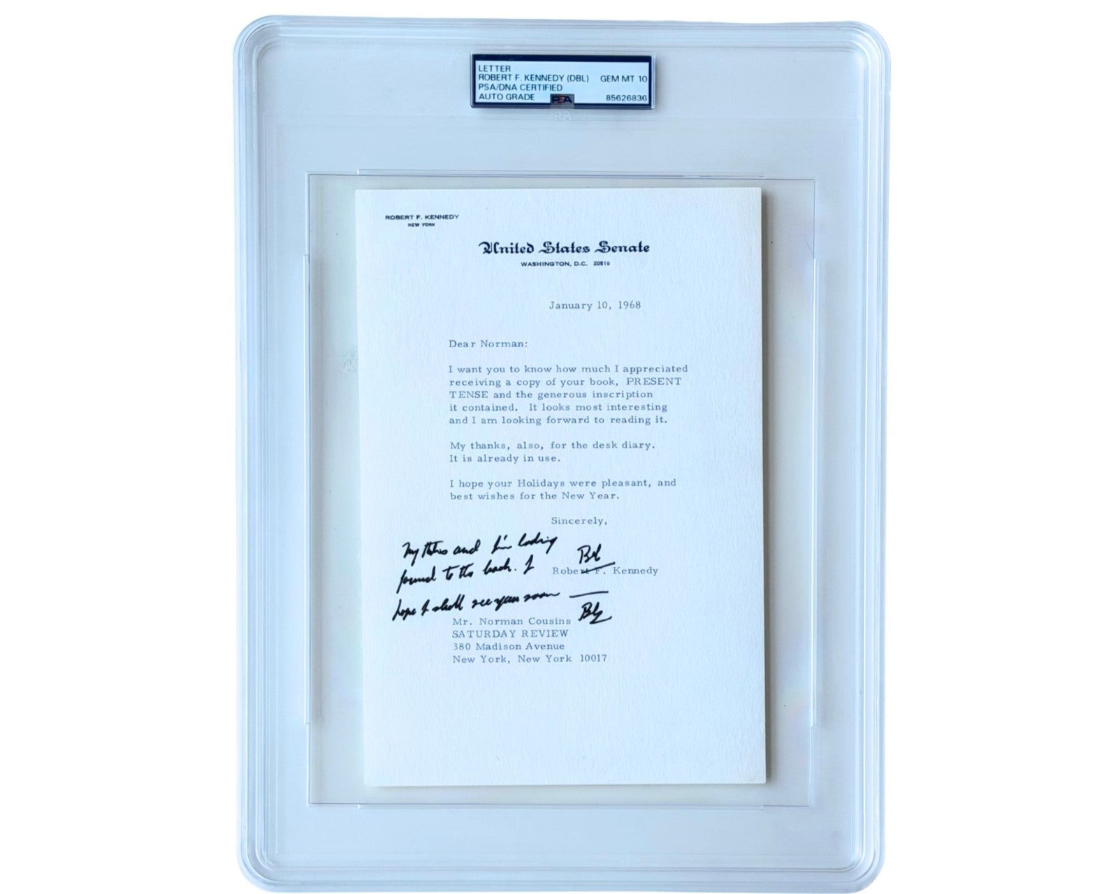 Attorney General Robert F. Kennedy Twice Signed Letter PSA Gem Mint 10