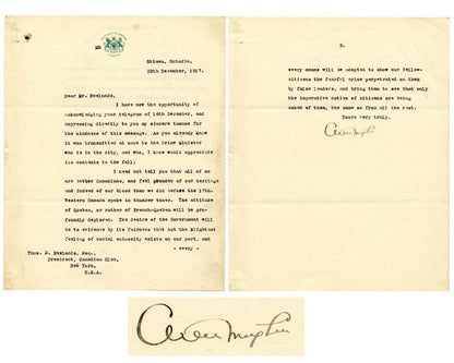 Canada P.M. ARTHUR MEIGHEN Signed Letter "Better Canadians...racial animosity"