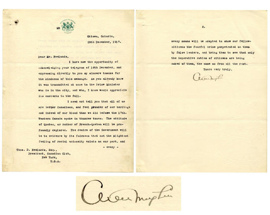 Canada P.M. ARTHUR MEIGHEN Signed Letter "Better Canadians...racial animosity"