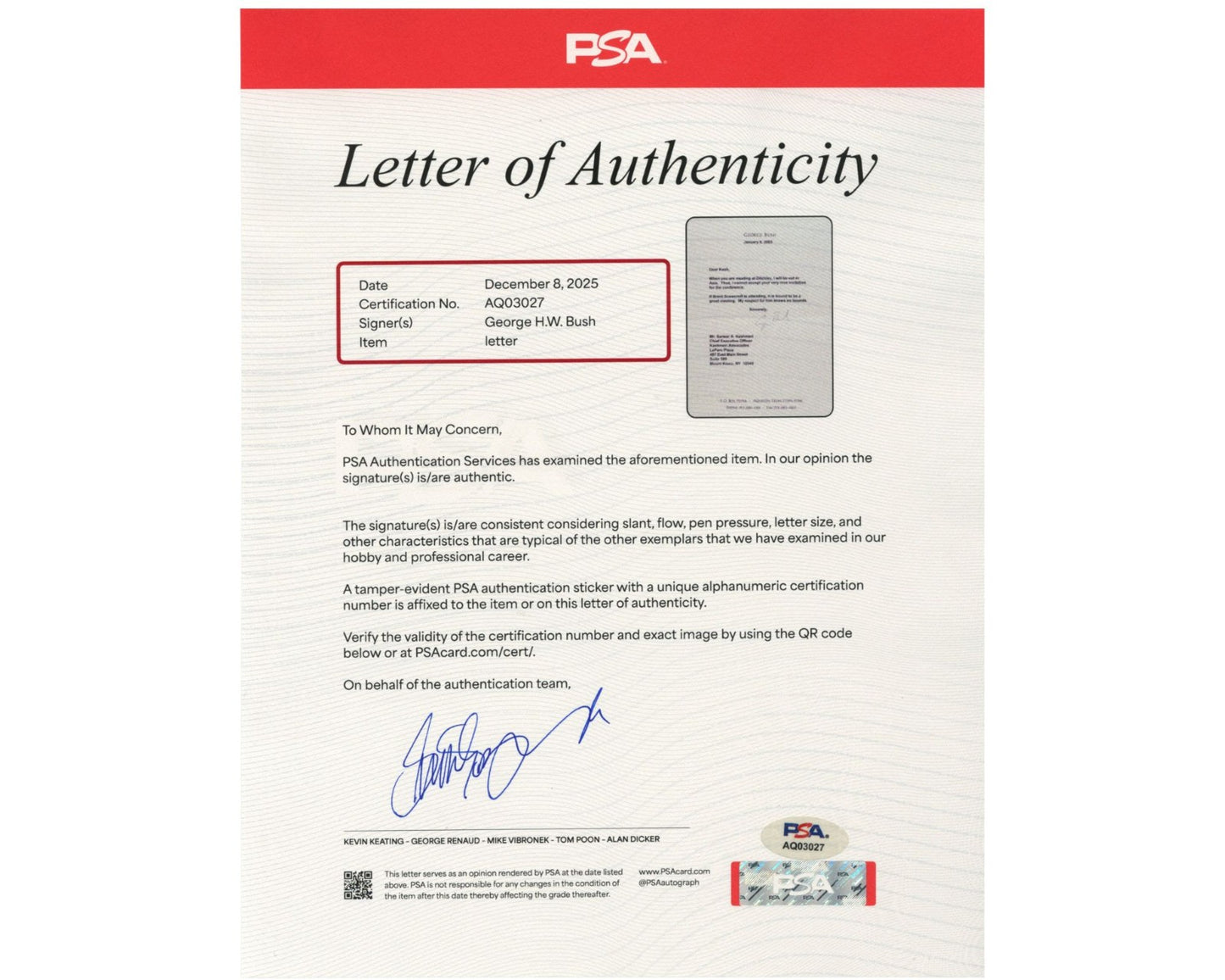 President George H.W. Bush on Scowcroft "respect...no bounds" Signed Letter PSA