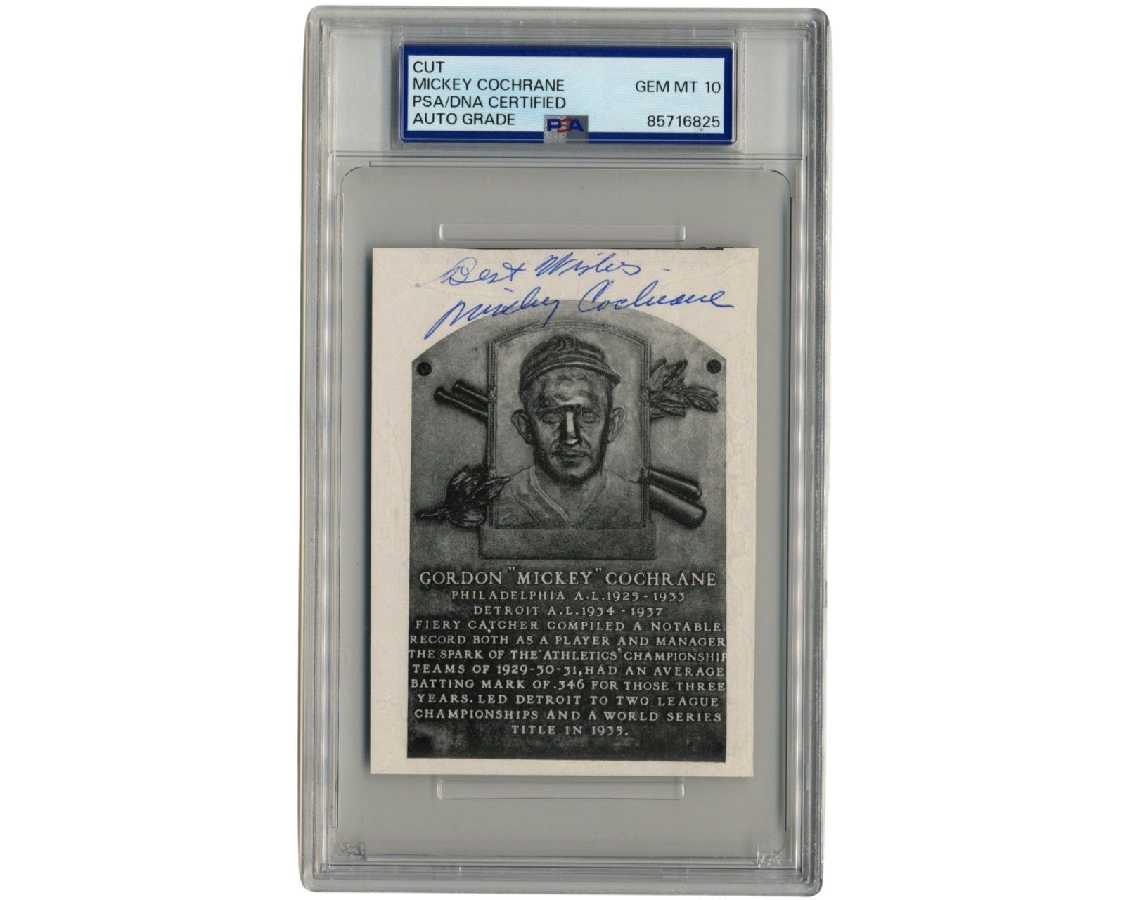 Mickey Cochrane Hall of Fame Plaque Cut Signature PSA Gem Mint 10 Auto