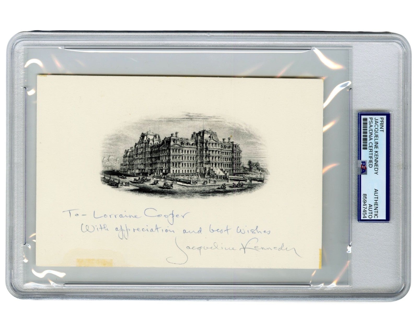 Jacqueline “Jackie” Kennedy Signed Engraving to Warren Comm. Members Wife! PSA