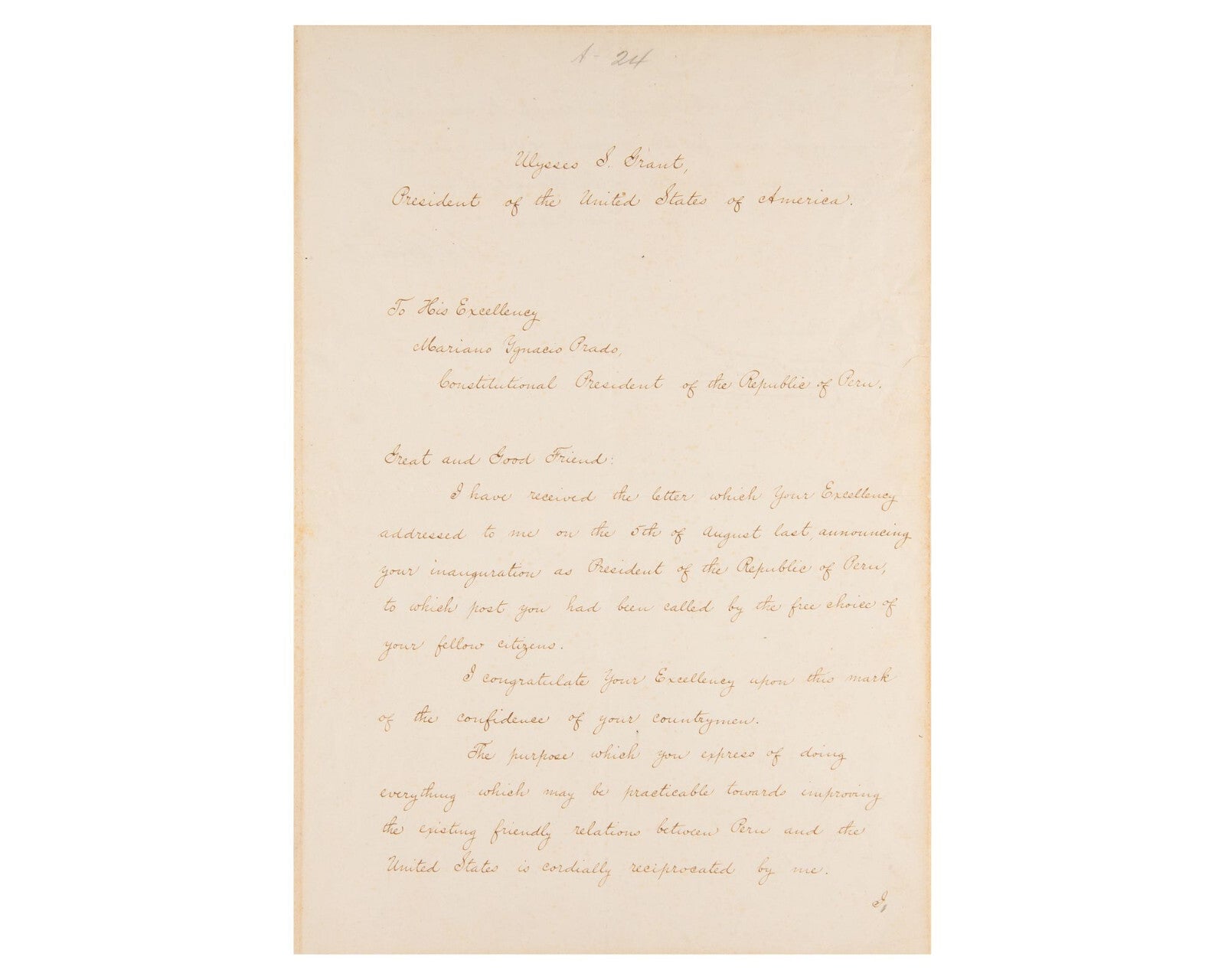 President ULYSSES S. GRANT Rare Diplomatic Signed Letter To Peru Pres. PSA